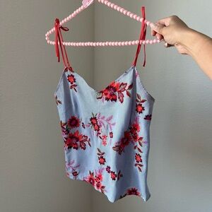 embroidered floral pinstripe tie strap tank